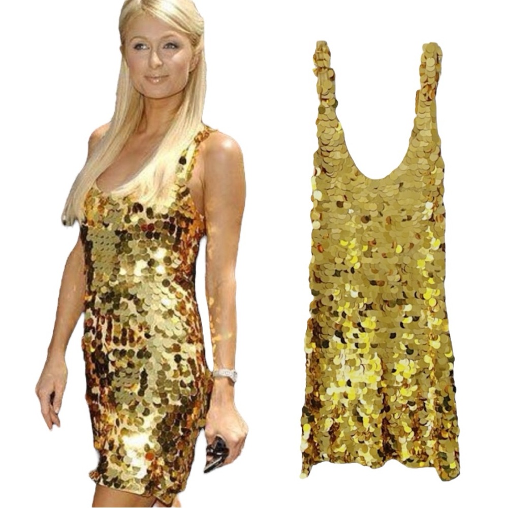 Paris Hilton Gold Sequin Paillettes Gold Dress Y2K Vintage Deadstock